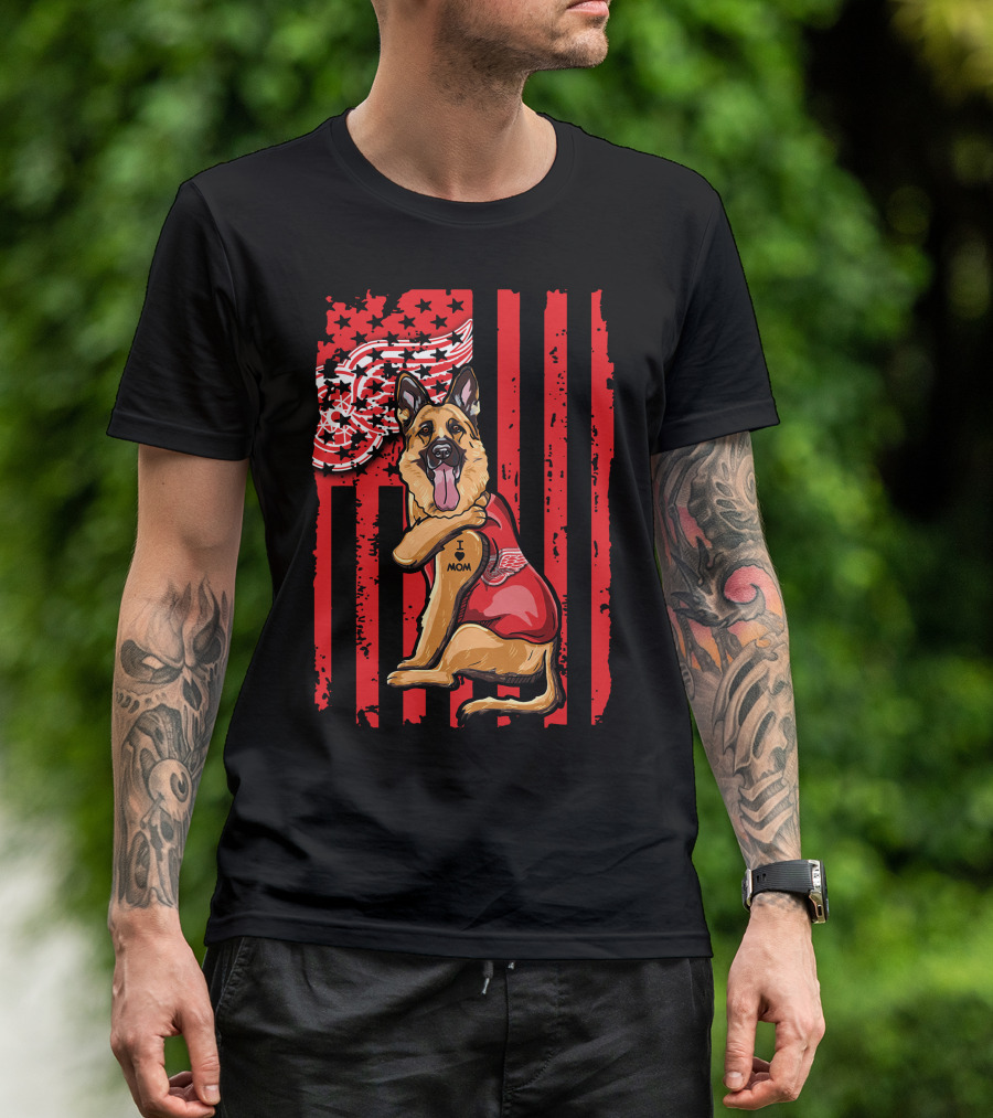 German Shepherd With Detroit Red Wings And I Love Mom Tattoo Flag Background T-Shirt