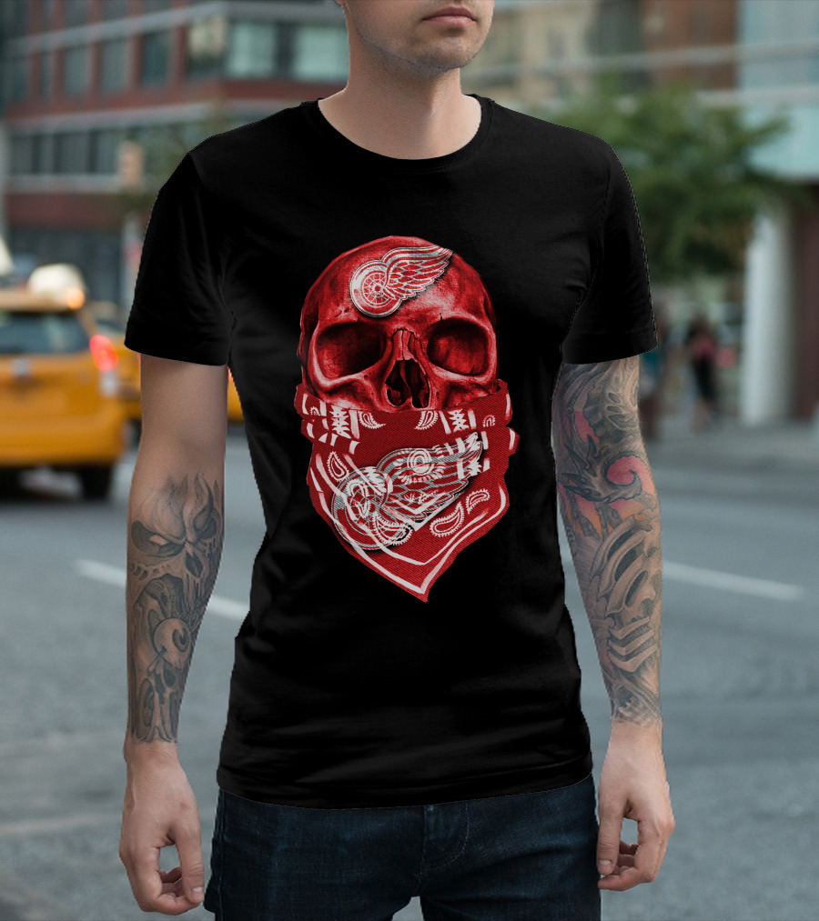 Skull with Detroit Red Wings Bandana T-Shirt