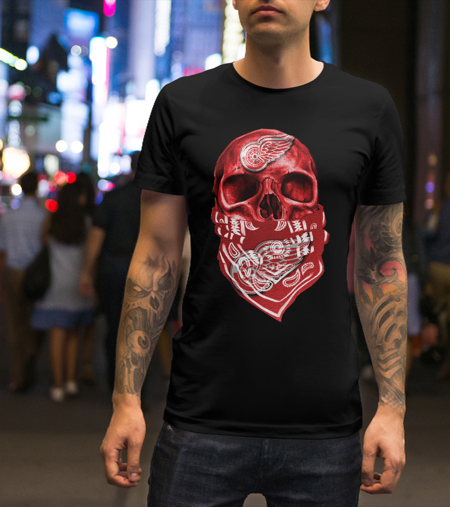 Skull With Detroit Red Wings Bandana T-Shirt