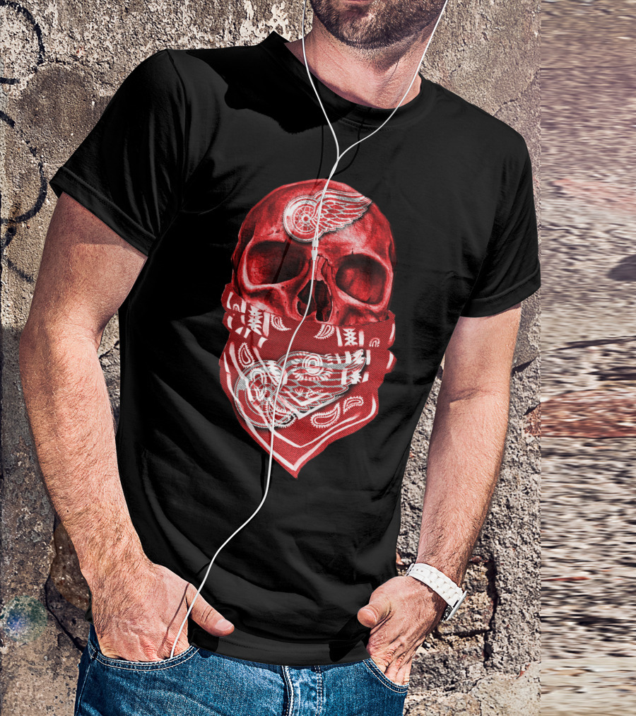 Skull With Detroit Red Wings Bandana T-Shirt