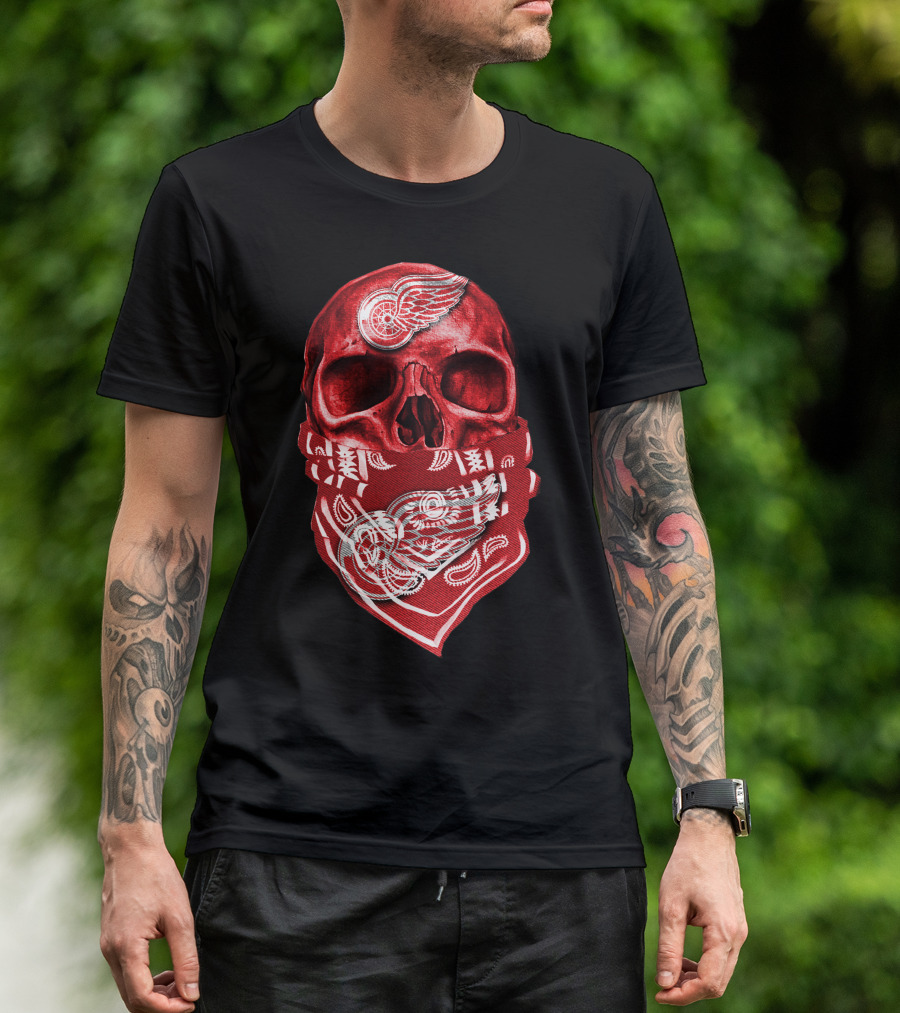 Skull With Detroit Red Wings Bandana T-Shirt