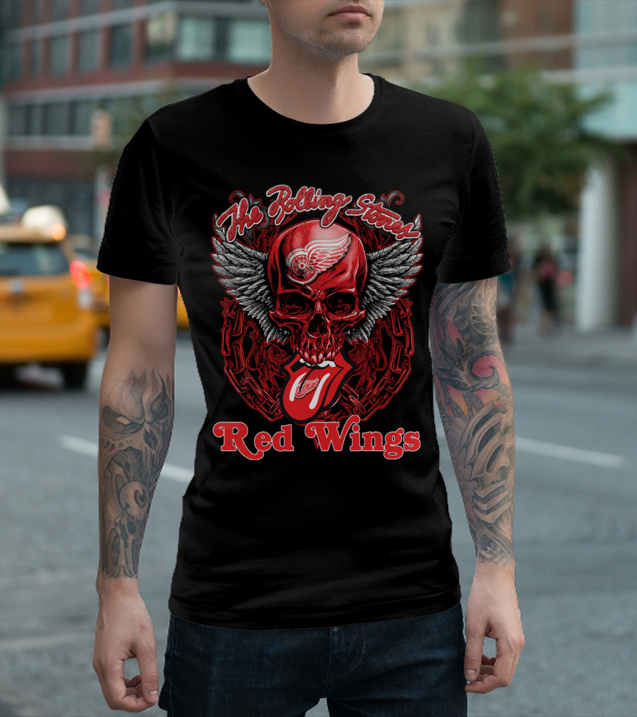 The Rolling Stones Skull With Detroit Red Wings Wings And Tongue T-Shirt