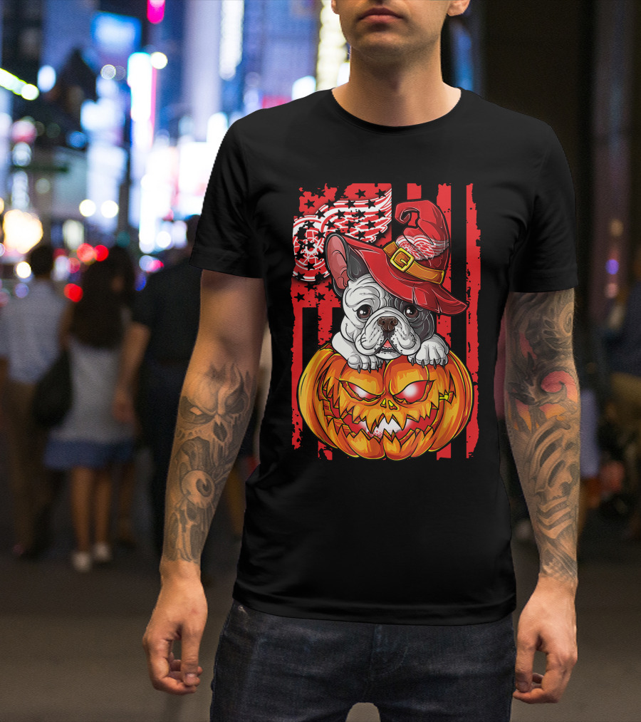Hlw Bulldog Detroit Red Wings Witch Hat Pumpkin Halloween T-Shirt
