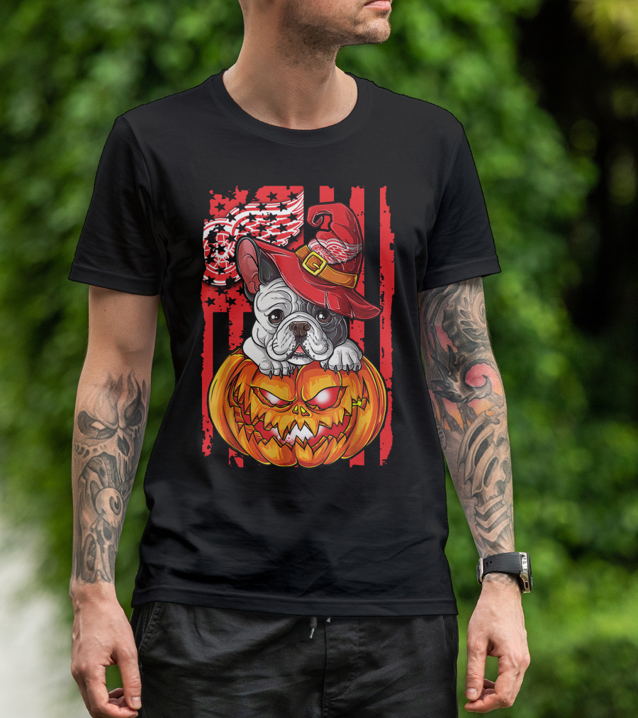 Hlw Bulldog Detroit Red Wings Witch Hat Pumpkin Halloween T-Shirt