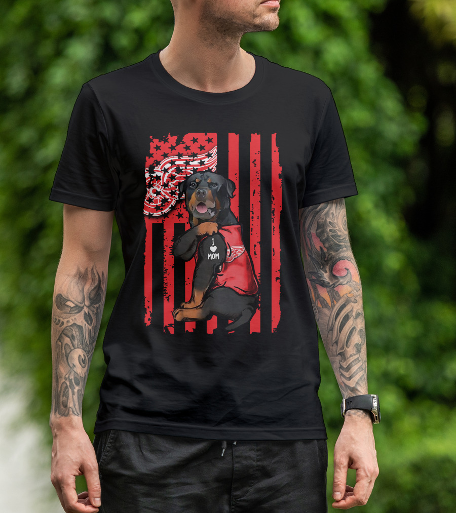 Rottweiler I Love Mom Detroit Red Wings American Flag T-Shirt