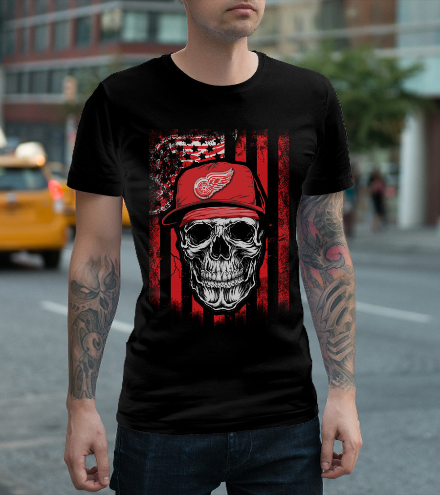 Skull Detroit Red Wings American Flag Hat T-Shirt