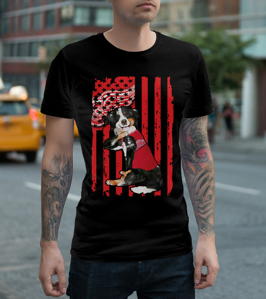 Border Collie I Love Mom Detroit Red Wings USA Flag T-Shirt