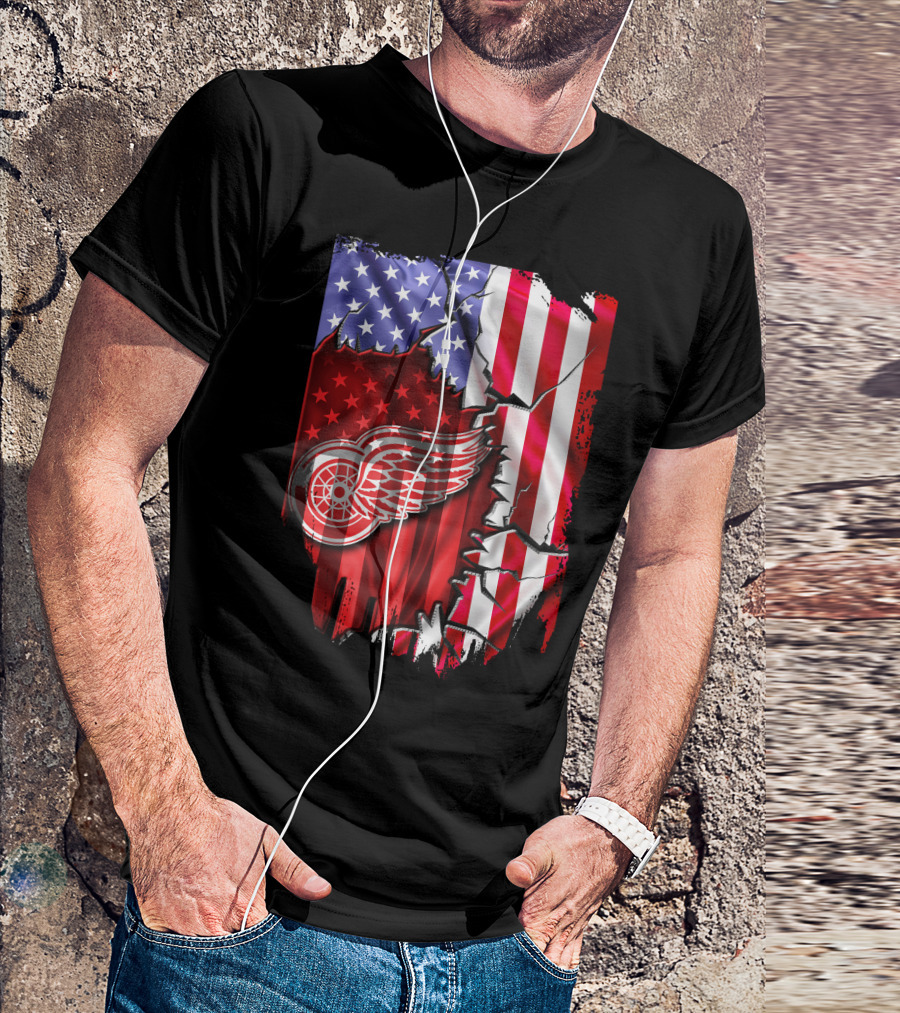 Flag Stars And Stripes Detroit Red Wings Winged Wheel T-Shirt