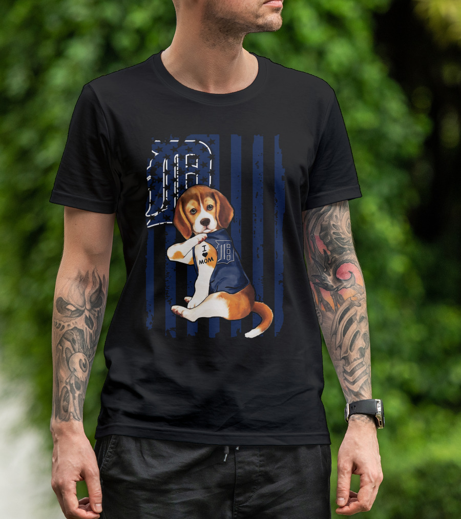 Beagle Puppy I Love Mom Detroit Tigers Stripes T-Shirt