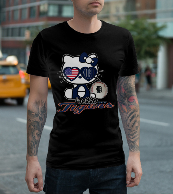 Hello Kitty Detroit Tigers American Flag Baseball T-Shirt