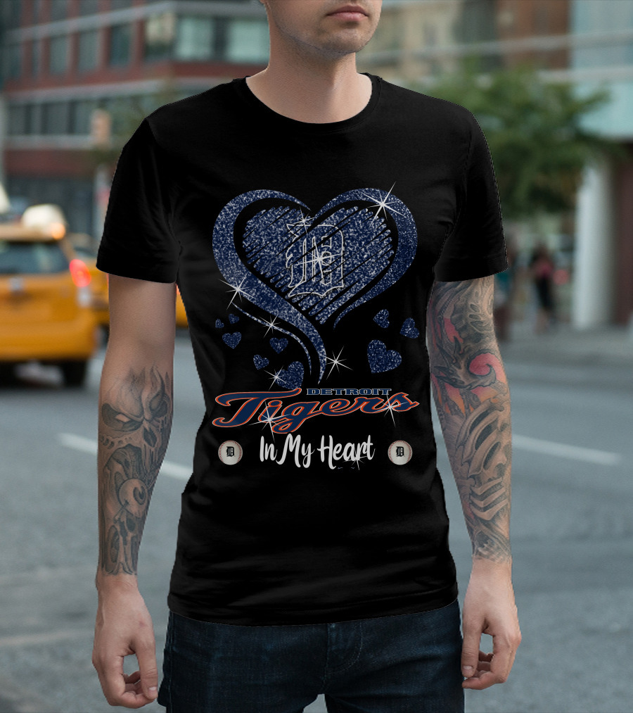 Detroit Tigers In My Heart Sparkling Logo And Hearts T-Shirt