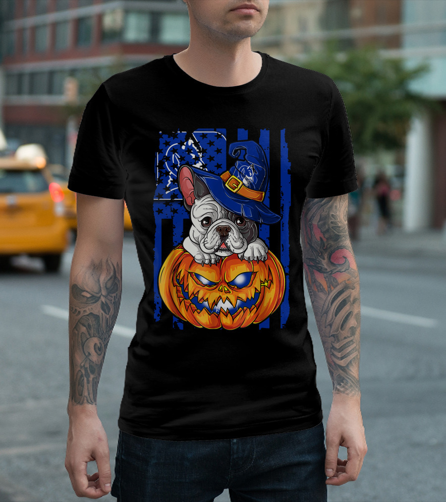 Hlw Bulldog On Duke Blue Devils Themed Halloween Pumpkin With Wizard Hat T-Shirt