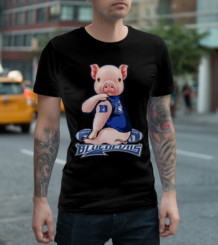 Pig Wearing Duke Blue Devils Jersey with Football Background T-Shirt
