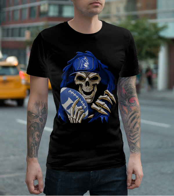 Duke Blue Devils Skull With Football And Logo Hat T-Shirt