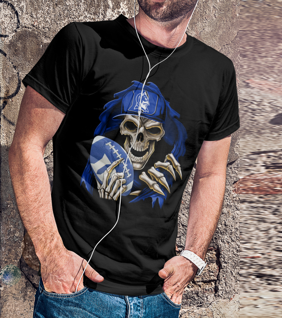 Duke Blue Devils Skull With Football And Logo Hat T-Shirt