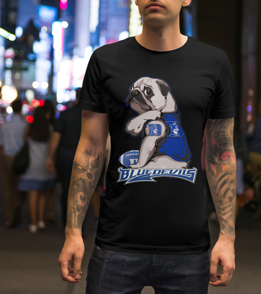 Pug Wearing Blue Devils Football Jersey T-Shirt