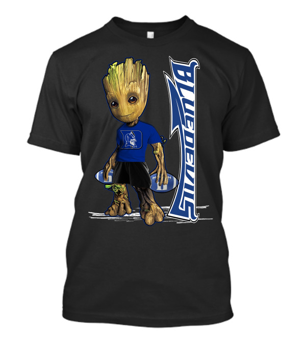 Groot Wearing Duke Blue Devils Shirt With Blue Devils Logo And Football T-Shirt