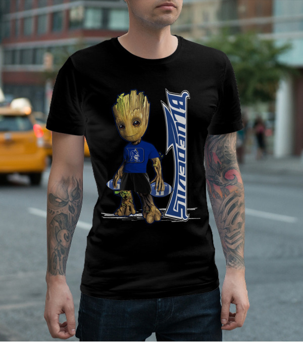 Groot Wearing Duke Blue Devils Shirt With Blue Devils Logo And Football T-Shirt