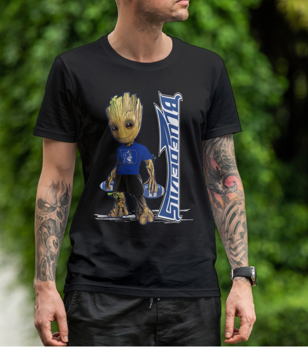 Groot Wearing Duke Blue Devils Shirt With Blue Devils Logo And Football T-Shirt