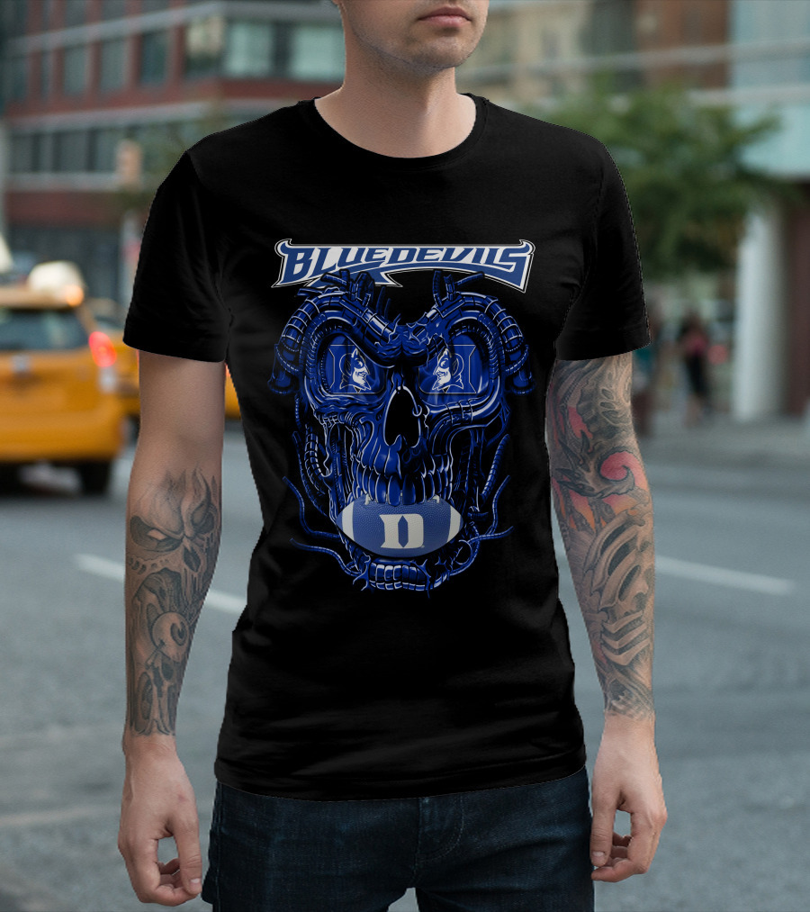 Dragonskull Duke Blue Devils Cybernetic Skull Football Faceplate T-Shirt