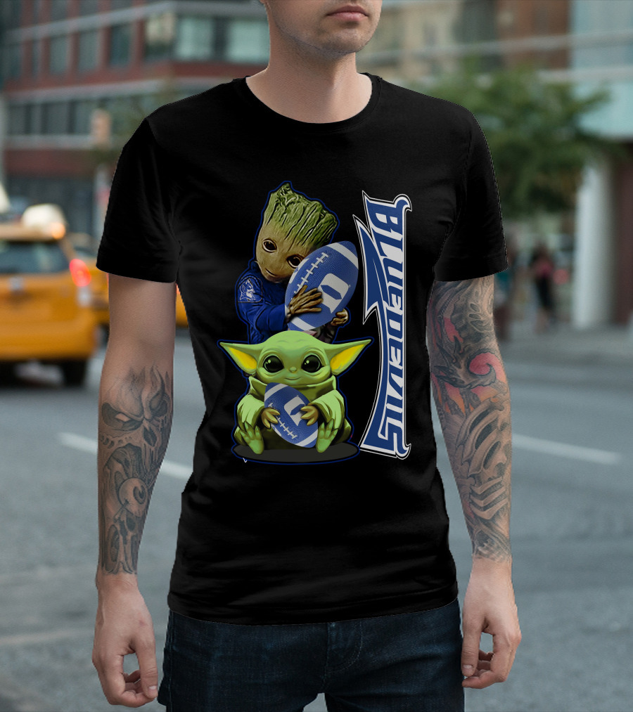 Grzd Duke Blue Devils Groot and Baby Yoda Holding Football T-Shirt