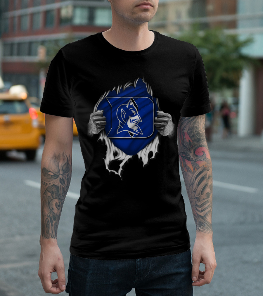 Torn Duke Blue Devils Logo Revealed Through Ripped Fabric T-Shirt