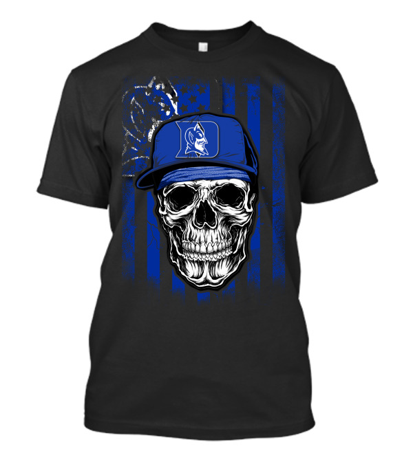 Skull With Duke Blue Devils Cap And American Flag Background T-Shirt