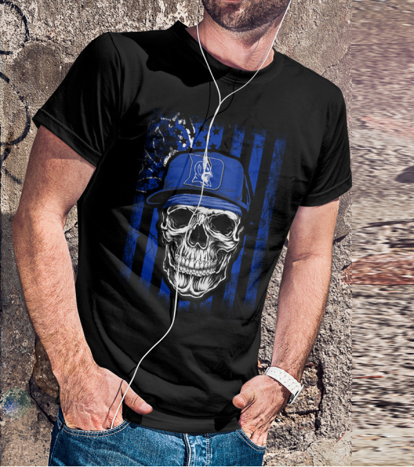 Skull With Duke Blue Devils Cap And American Flag Background T-Shirt