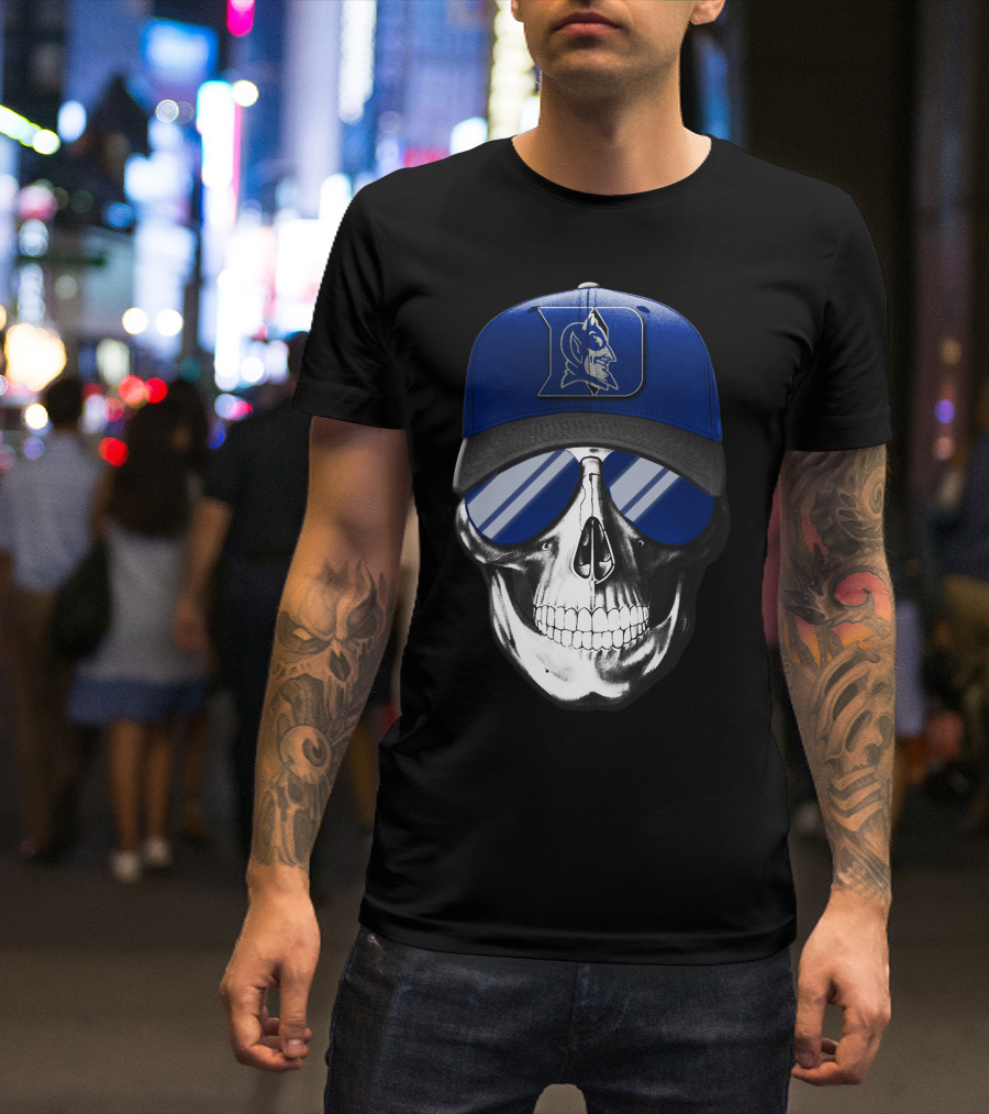 Skull Wearing Duke Blue Devils Logo Hat And Sunglasses T-Shirt