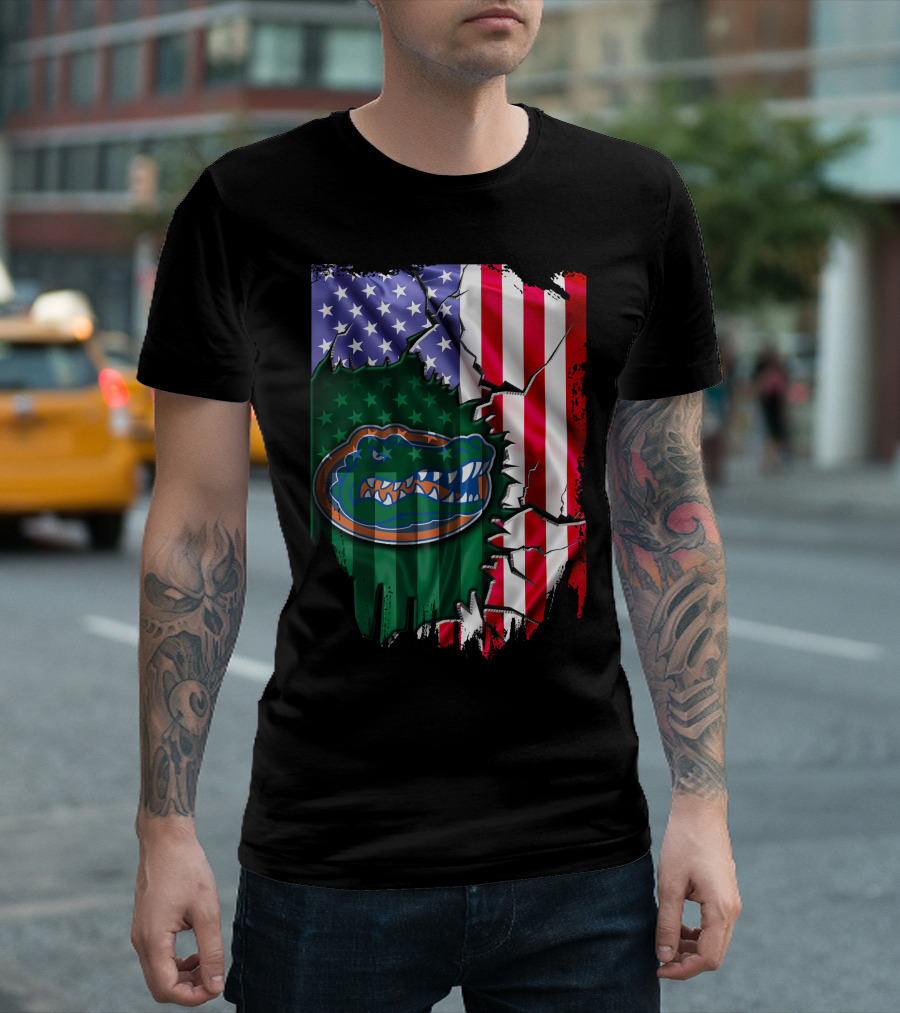 United States Flag Ripped with Florida Gators T-Shirt