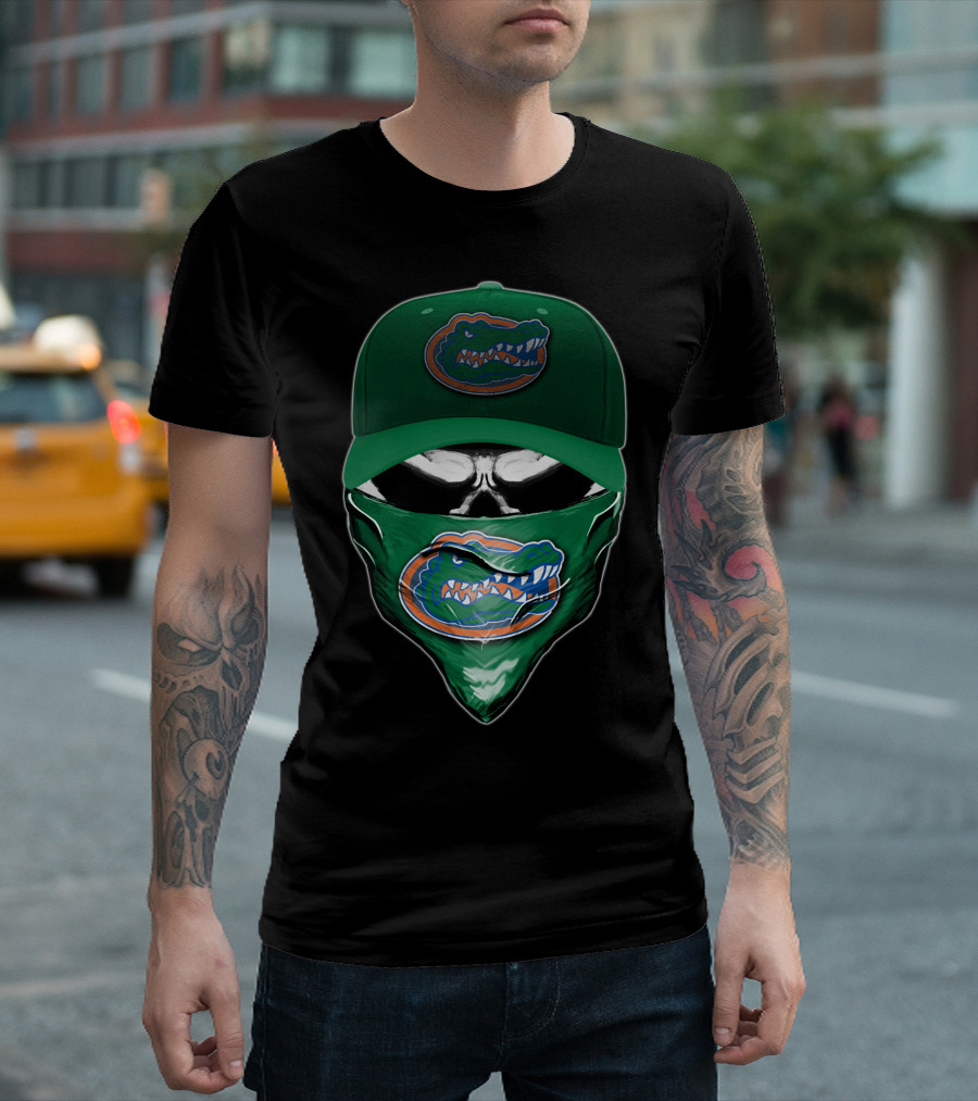 Skull With Florida Gators Logo And Green Cap T-Shirt
