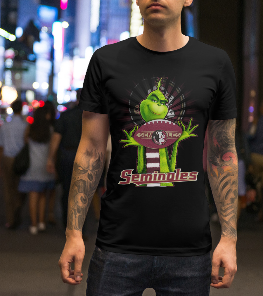 Grinch Holding Football Florida State Seminoles Fan T-Shirt