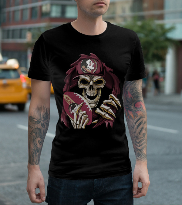 Skullbong Florida State Seminoles Skeleton Holding Football T-Shirt