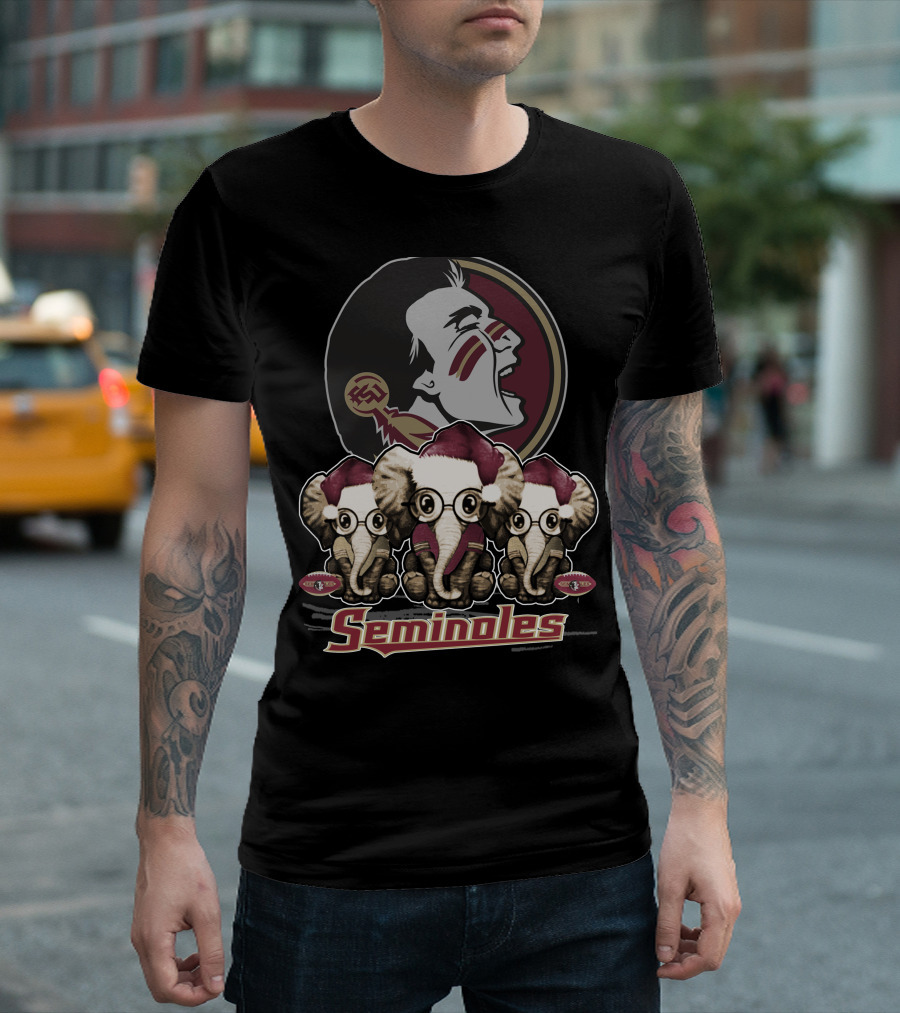 Seminoles Florida State Xmas Elephan With Santa Hats And Eyeglasses T-Shirt