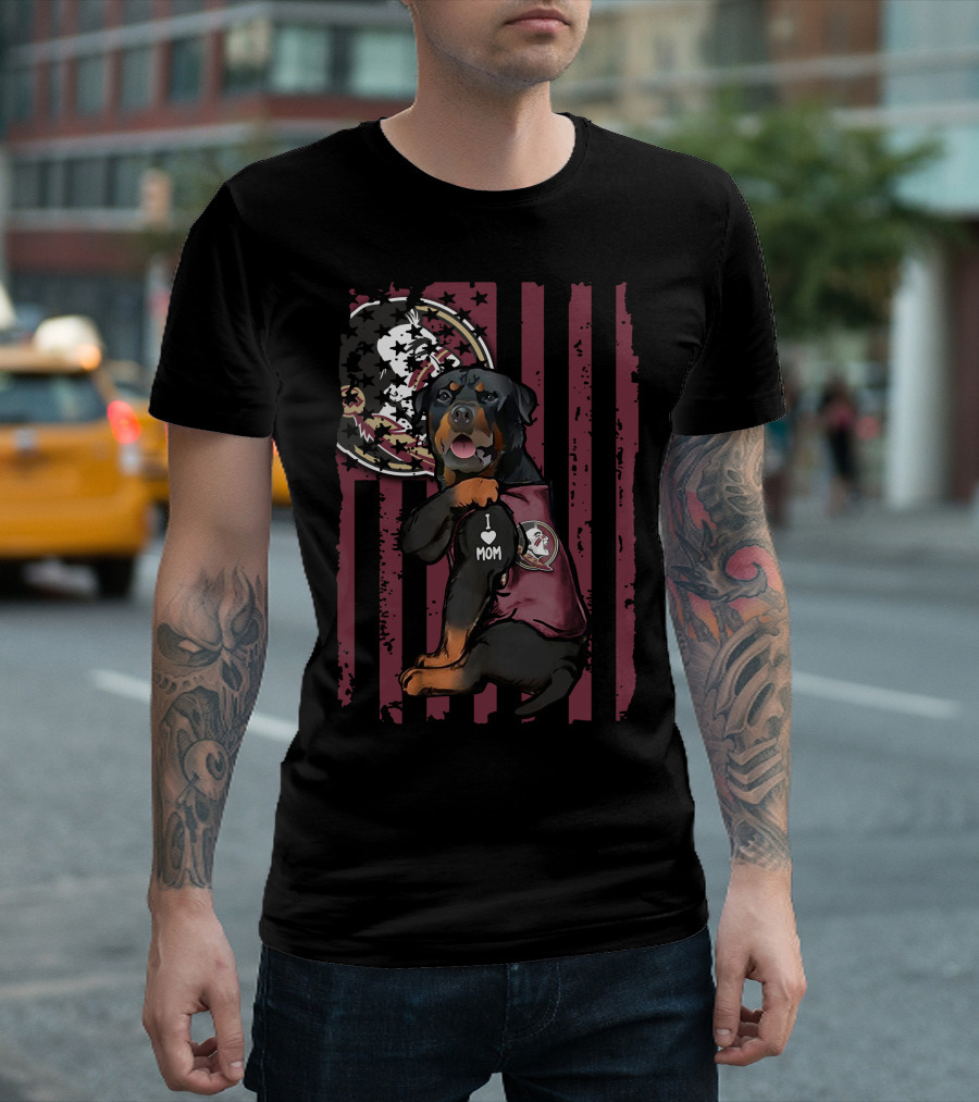 Rottweiler I Heart Mom Florida State Seminoles Dog with Logo and Flag Background T-Shirt