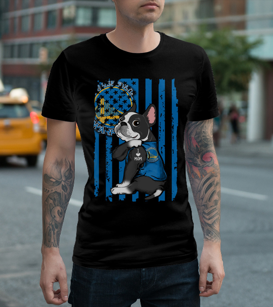 Boston Terrier Golden State Warriors Fan Dog Blue And Gold Basketball Theme T-Shirt