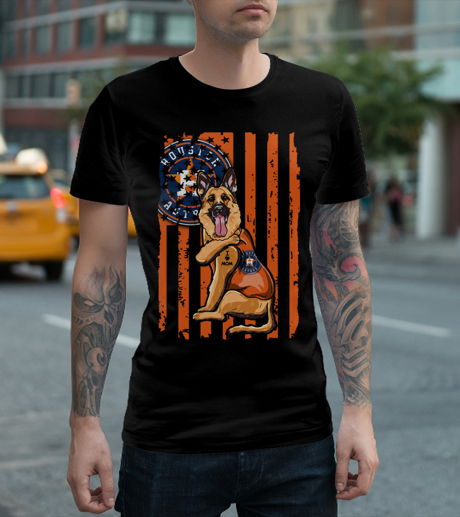 Houston Astros I Love Mom German Shepherd Patriotic Flag T-Shirt