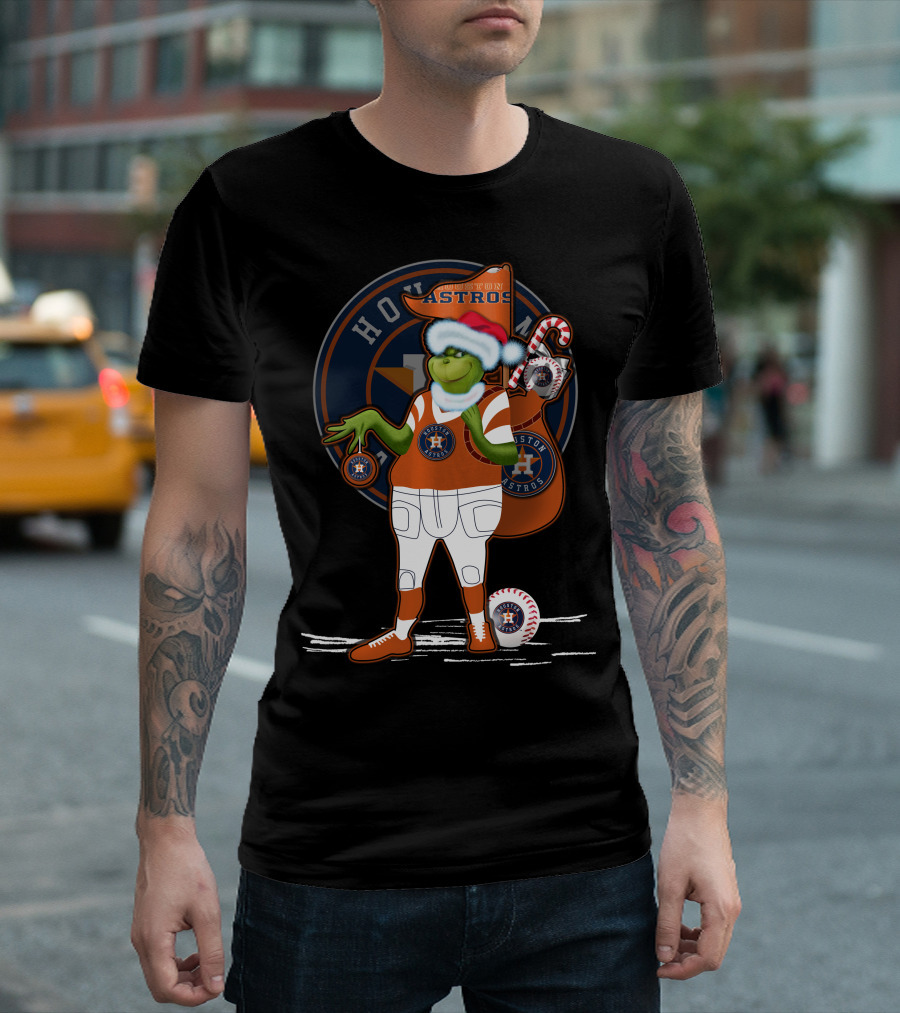 Grinchxmas Houston Astros Santa Hat Baseball Player With Logo And Candy Cane Sack T-Shirt