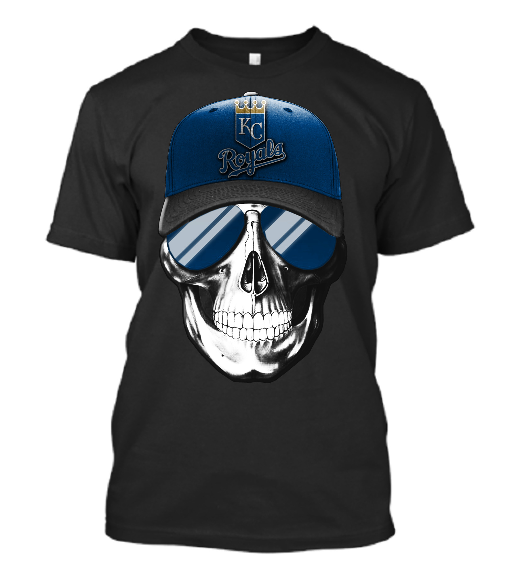 Skull With Kansas City Royals Baseball Cap And Sunglasses T-Shirt