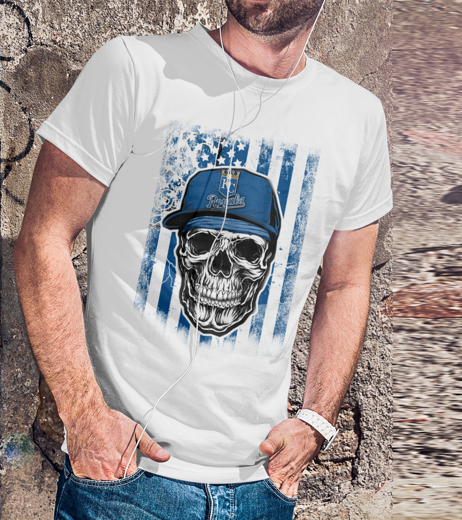 Kansas City Royals Skull With Blue Hat And Crown Symbol On T-Shirt