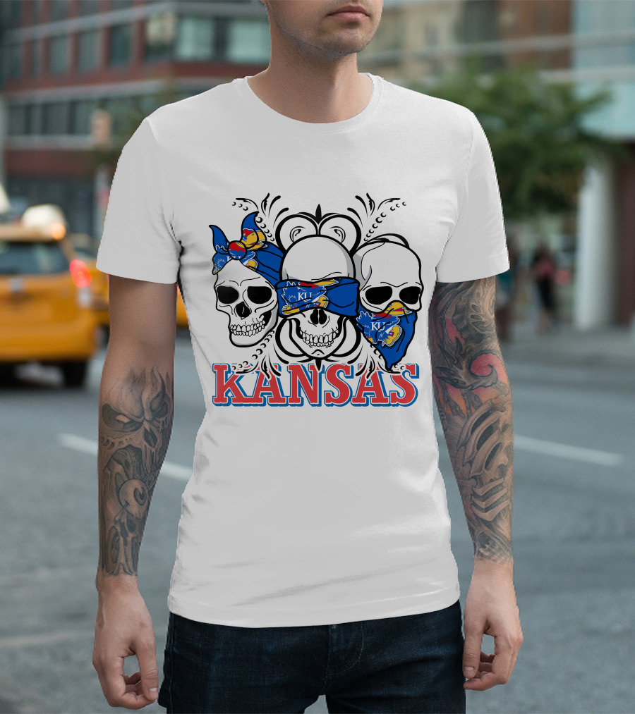 Kansas Jayhawks Skulls Bandana T-Shirt