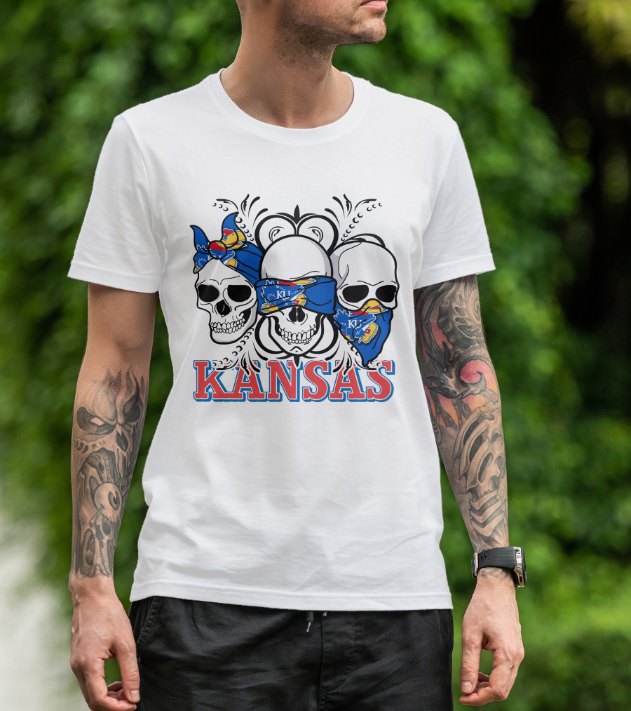 Kansas Jayhawks Skulls Bandana T-Shirt