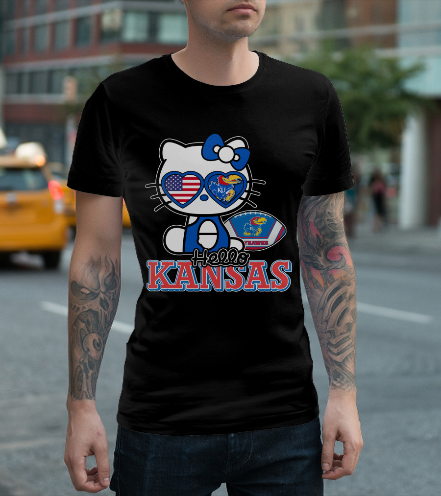 Hello Kitty Kansas Jayhawks KU Football American Flag T-Shirt