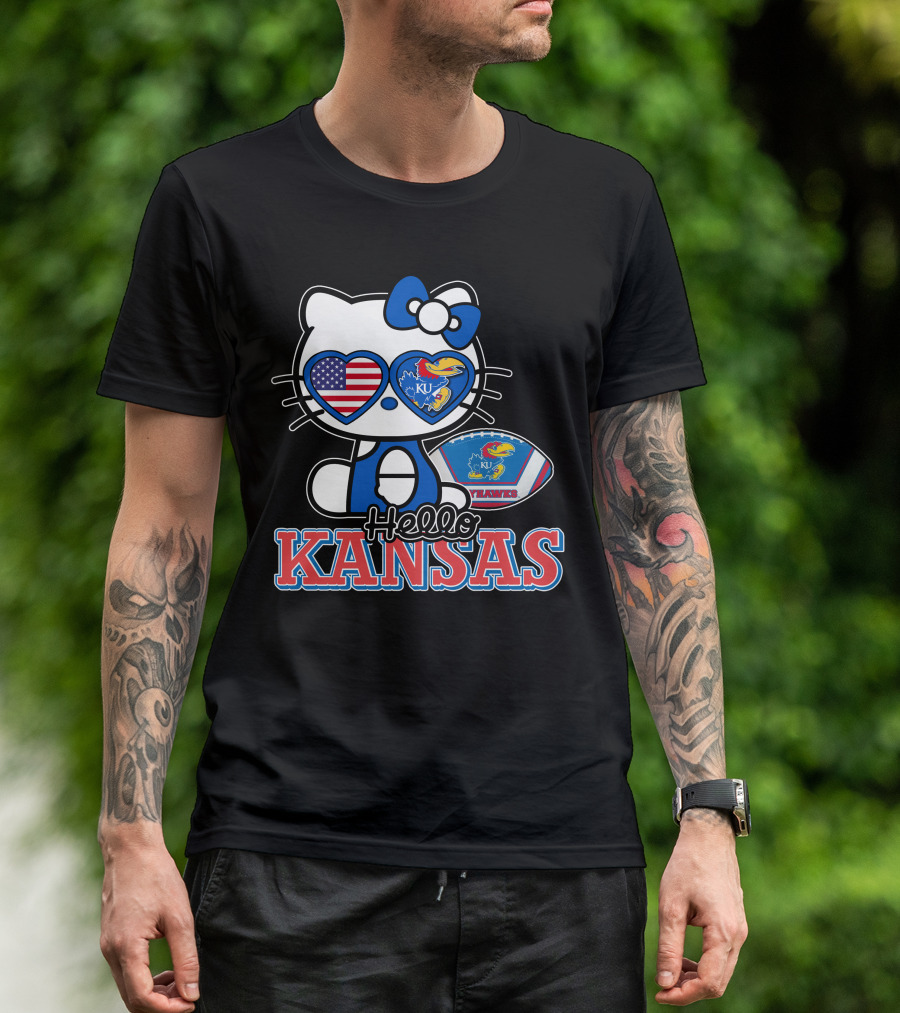 Hello Kitty Kansas Jayhawks KU Football American Flag T-Shirt