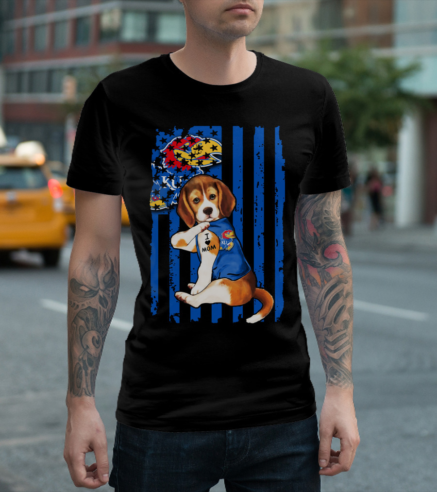 I Love Mom Beagle Wearing Kansas Jayhawks Logo Blue Flag Background T-Shirt