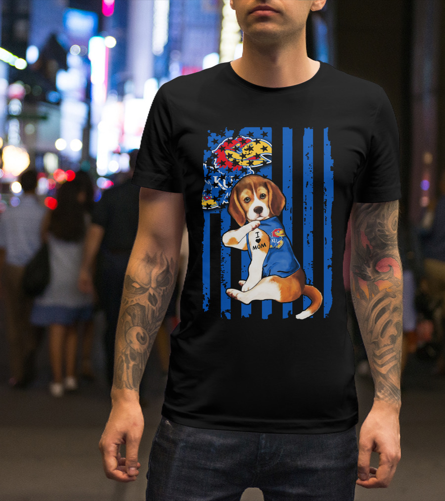I Love Mom Beagle Wearing Kansas Jayhawks Logo Blue Flag Background T-Shirt