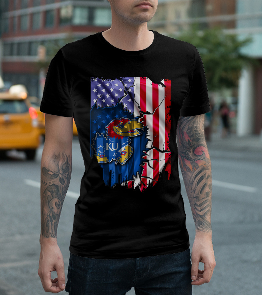 Flag Kansas Jayhawks American USA Torn Design KU T-Shirt