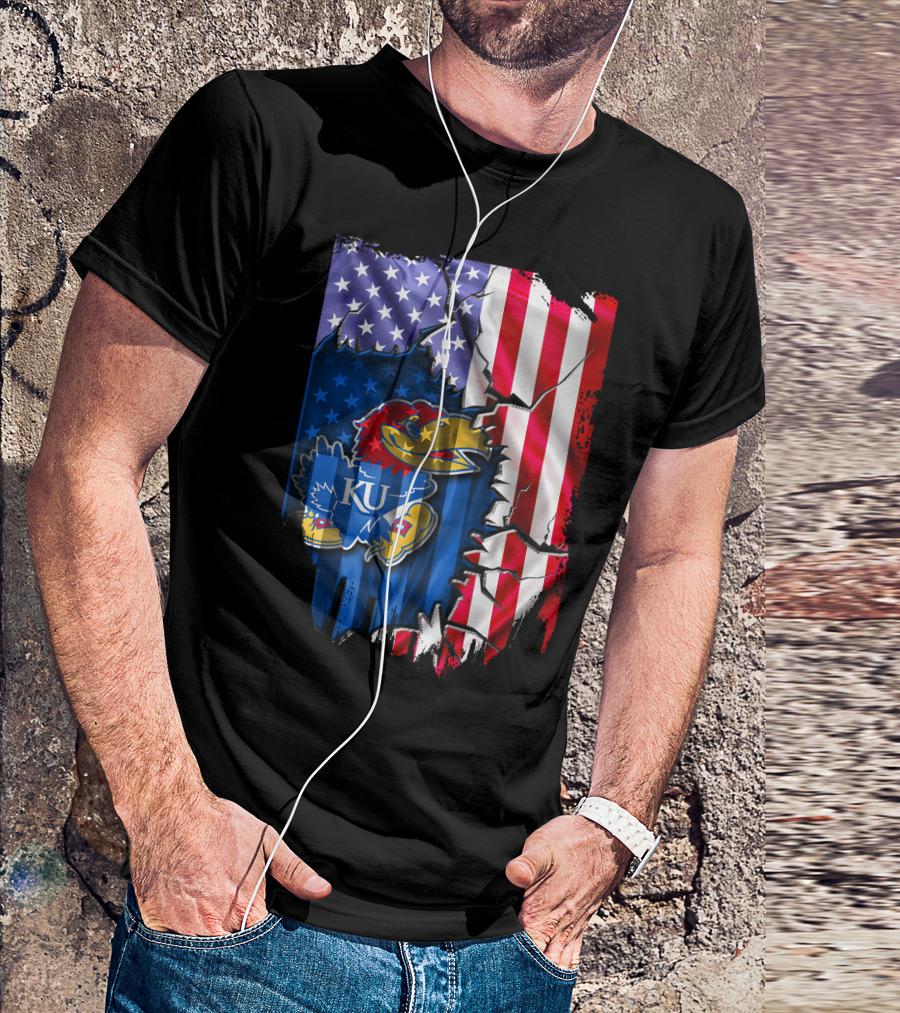 Flag Kansas Jayhawks American USA Torn Design KU T-Shirt