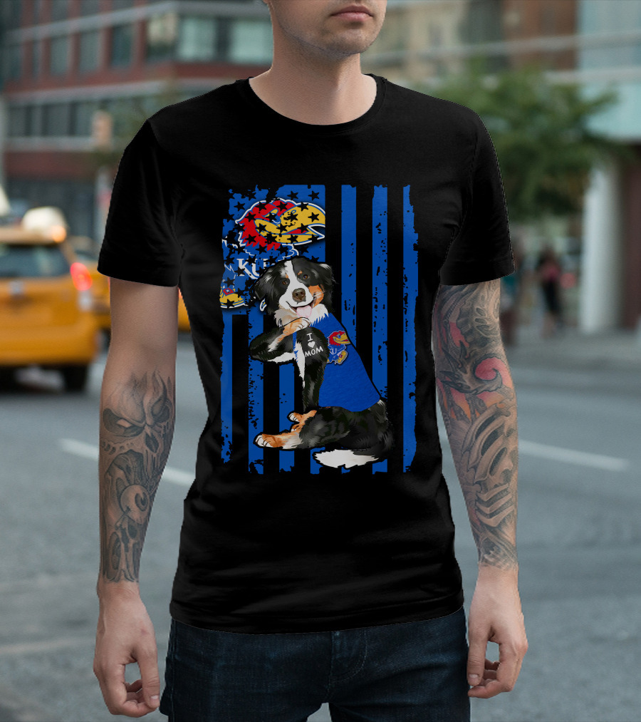 Border Collie I Love Mom Kansas Jayhawks Flag T-Shirt