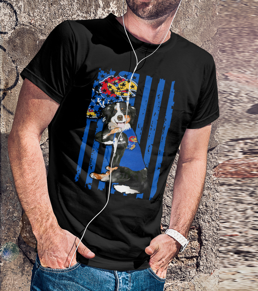 Border Collie I Love Mom Kansas Jayhawks Flag T-Shirt